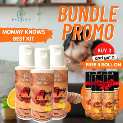 LUYANG DILAW / TURMERIC HERBAL OIL FOR HEADACHE AND MUSCLE PAIN By EXCELGO™ NANAY KNOWS BEST BUNDLE KIT (3 BOTTLES+ 5 ROLL- ON)