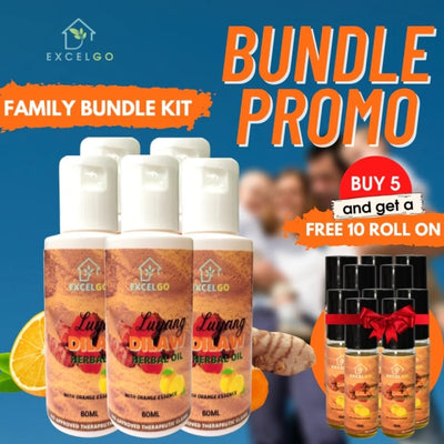 LUYANG DILAW / TURMERIC HERBAL OIL FOR HEADACHE AND MUSCLE PAIN By EXCELGO™ PAMPAMILYA BUNDLE KIT (5 BOTTLES + 10 ROLL-ON)