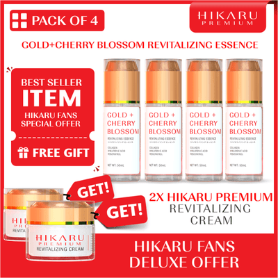 Hikaru Premium Gold + Cherry Blossom Revitalizing Essence 4 Bottles with 2 FREE PREMIUM RETINOL CREAM