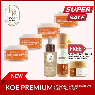 Koe Premium 24K GOLD + CHERRY BLOSSOM Collagen Sleeping Mask 4 Bottles PLUS FREE CREAM TONER and SERUM